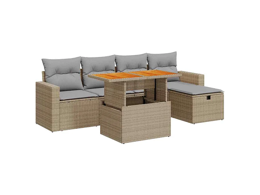 6-delige Loungeset met kussens poly rattan acacia beige