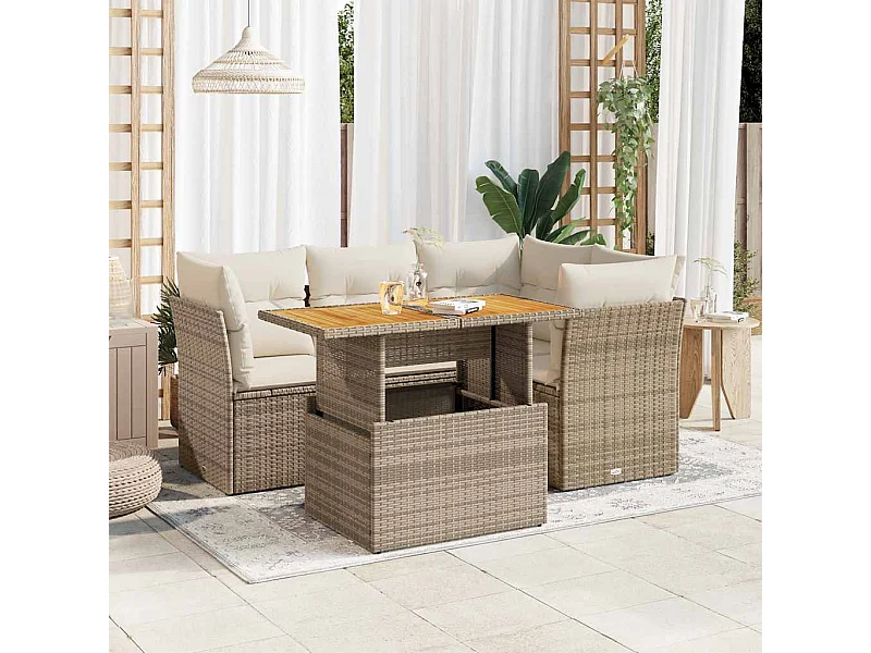 5-tlg. Garten-Sofagarnitur mit Kissen Beige Poly Rattan