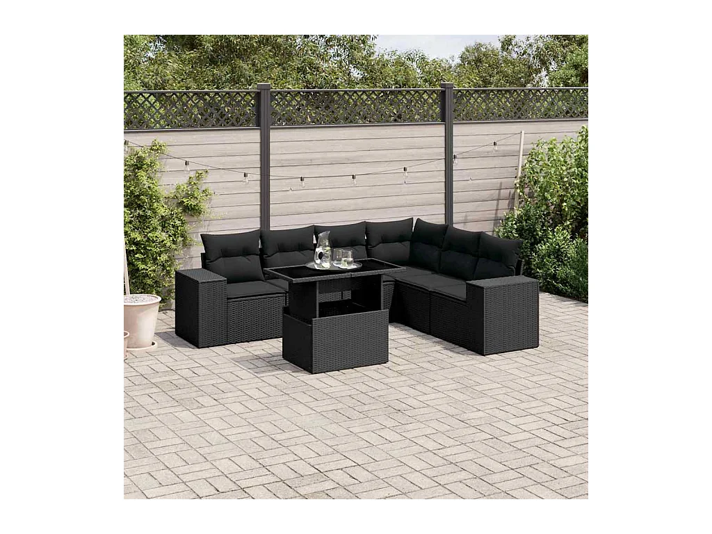 Set Divani da Giardino con Cuscini 7pz Nero Polyrattan