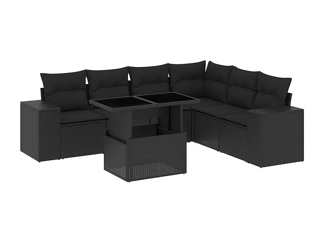 7-tlg. Garten-Sofagarnitur mit Kissen Schwarz Poly Rattan