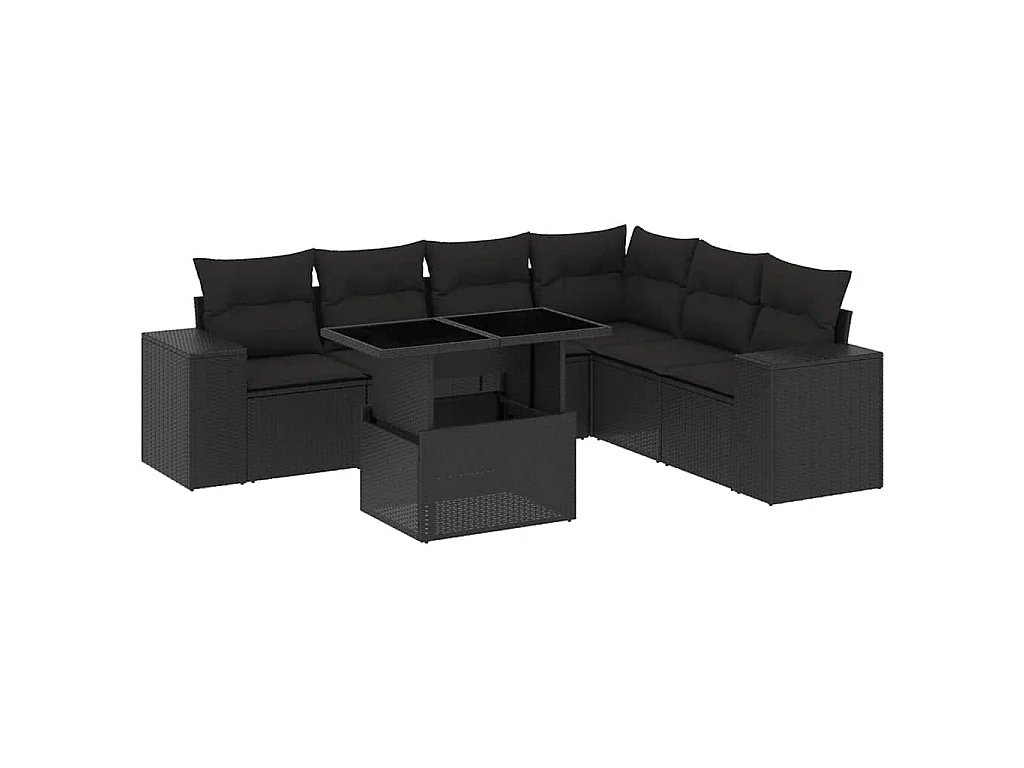 7 pcs conjunto de sofás p/ jardim c/ almofadões vime PE preto