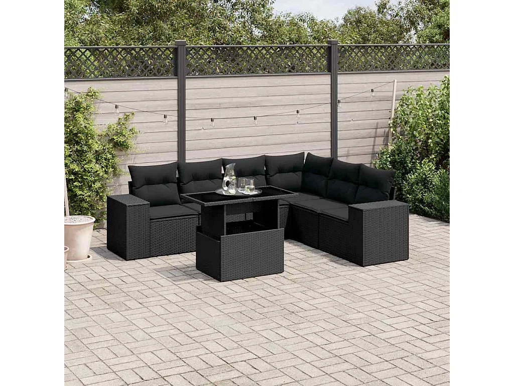 7 pcs conjunto de sofás p/ jardim c/ almofadões vime PE preto