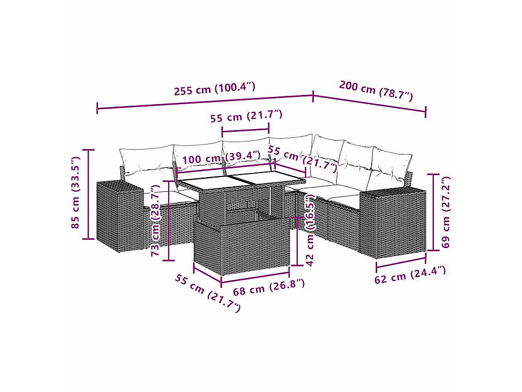 7 pcs conjunto de sofás p/ jardim c/ almofadões vime PE preto