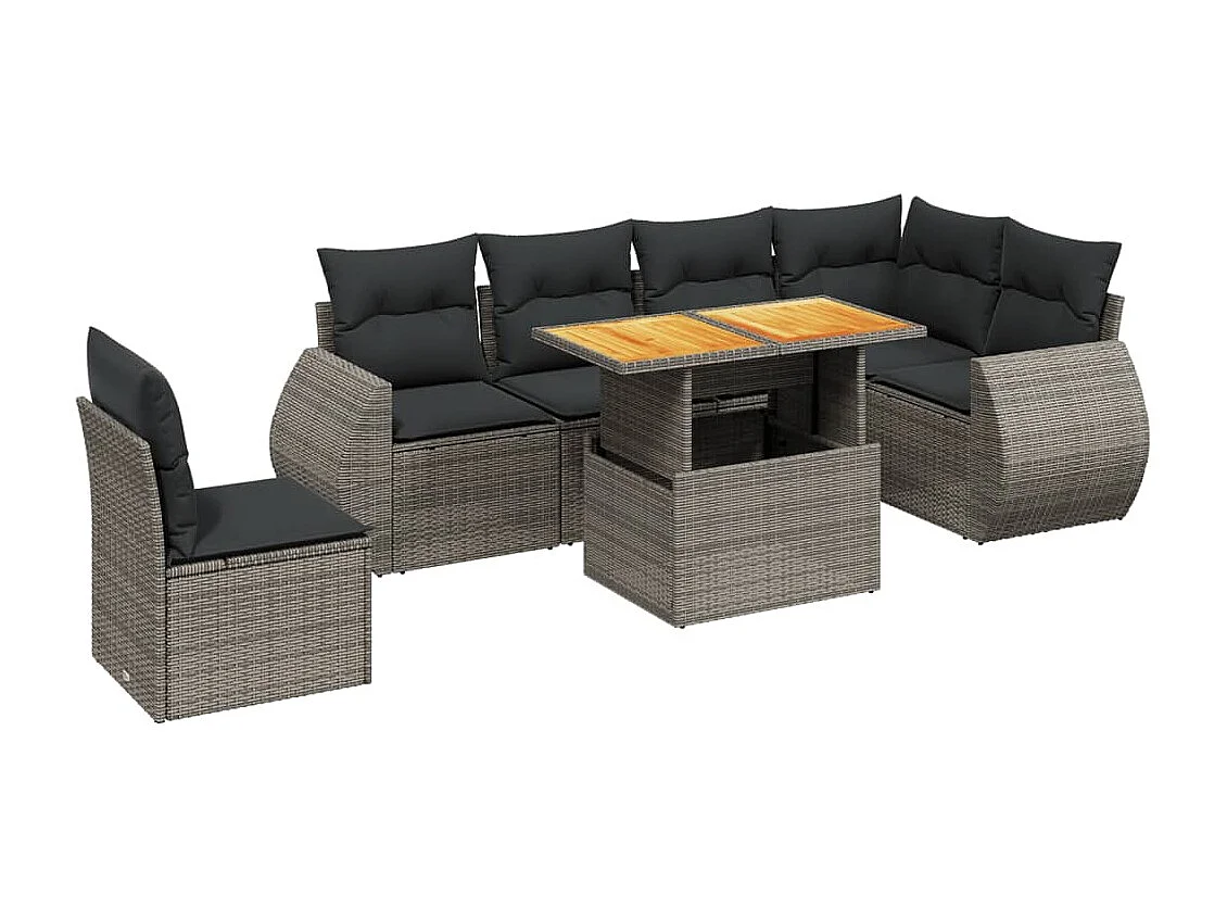 7-tlg. Garten-Sofagarnitur mit Kissen Grau Poly Rattan
