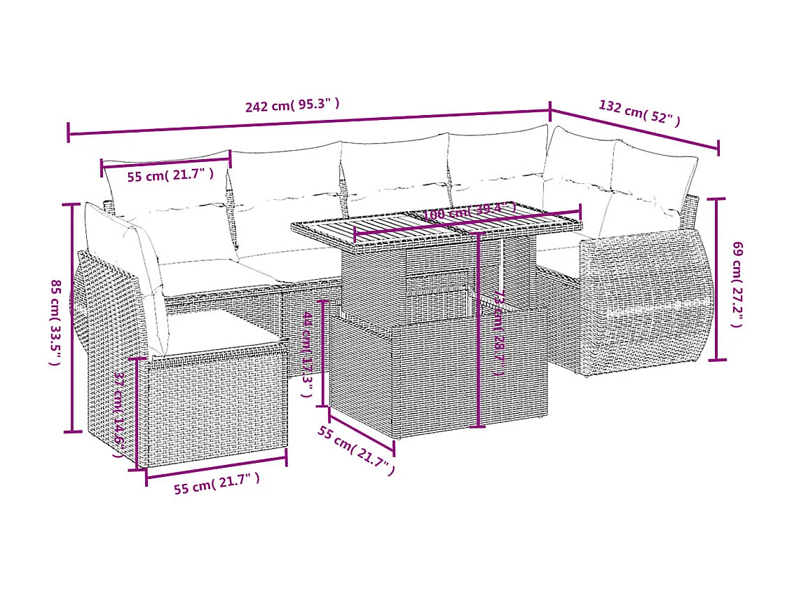 7-tlg. Garten-Sofagarnitur mit Kissen Grau Poly Rattan