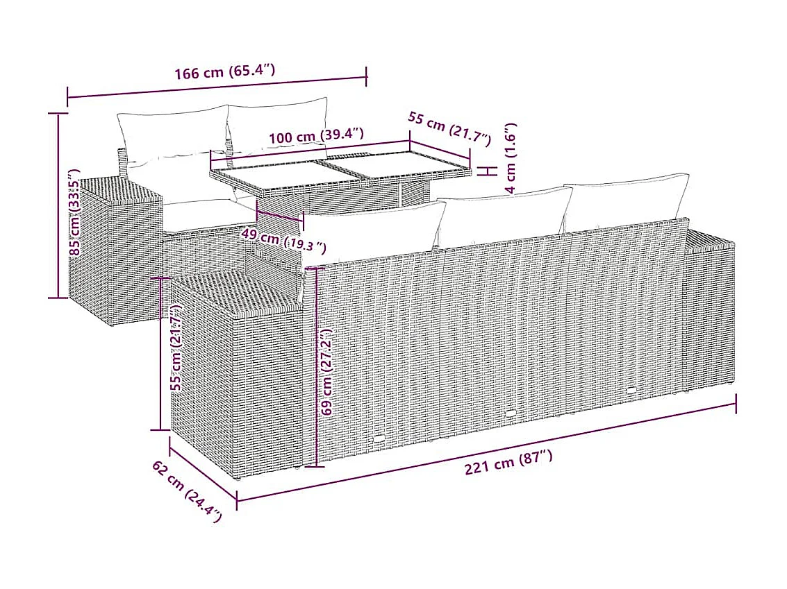 Salon de jardin 6 pcs avec coussins gris clair résine tressée
