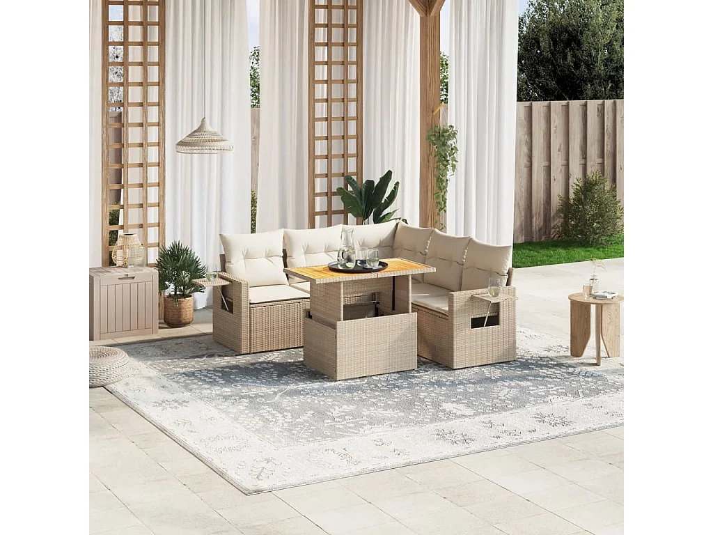 Set Divano da Giardino 6 pz con Cuscini Beige in Polyrattan