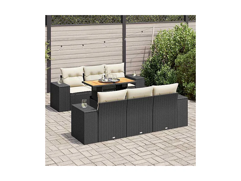 Salon de jardin 7 pcs avec coussins noir résine tressée