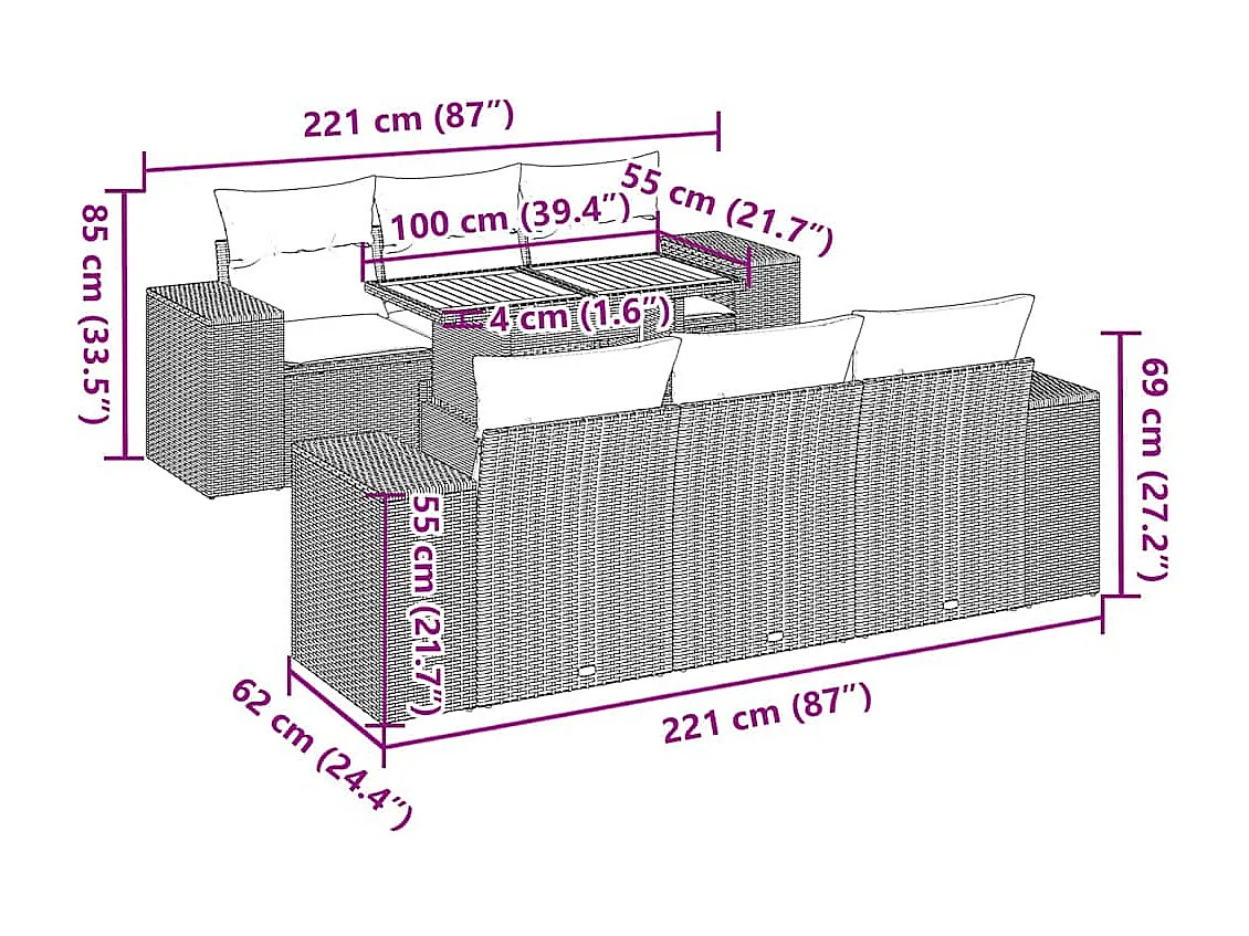 Salon de jardin 7 pcs avec coussins noir résine tressée