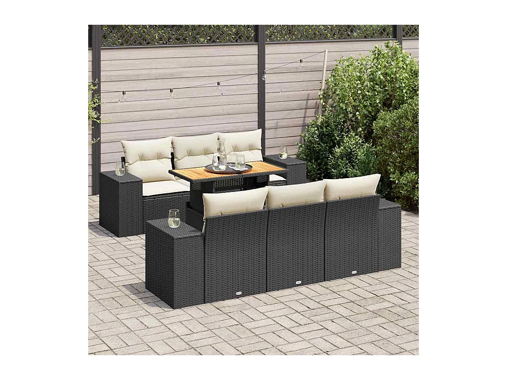 7-delige Loungeset met kussens poly rattan zwart