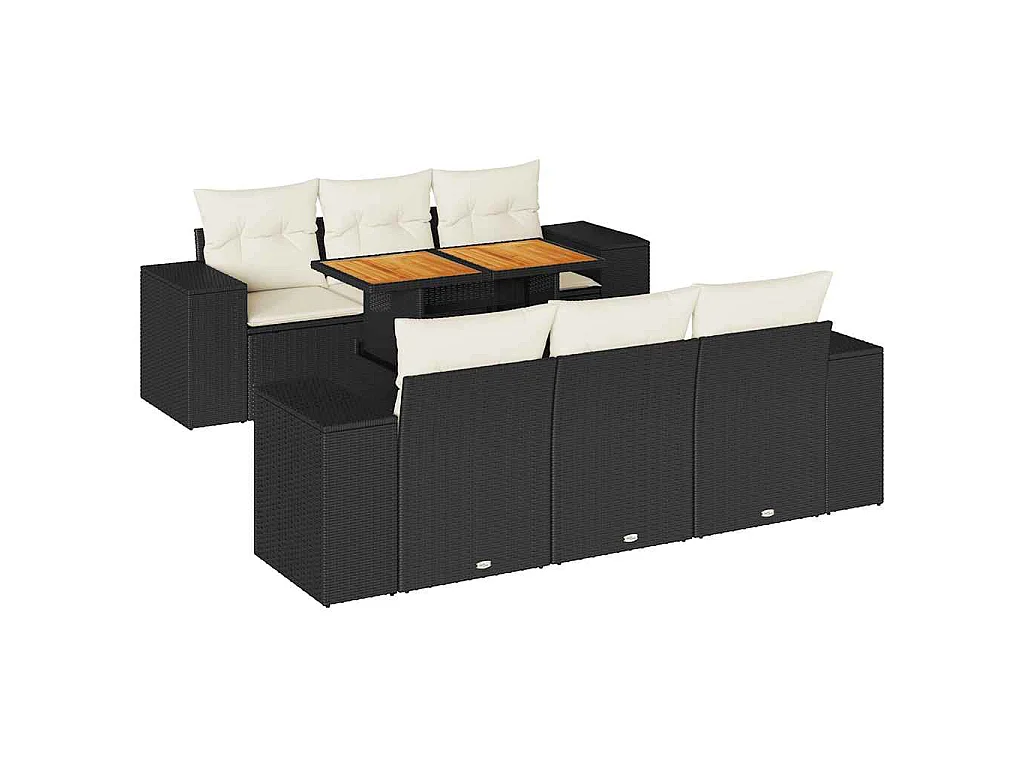 7-delige Loungeset met kussens poly rattan zwart