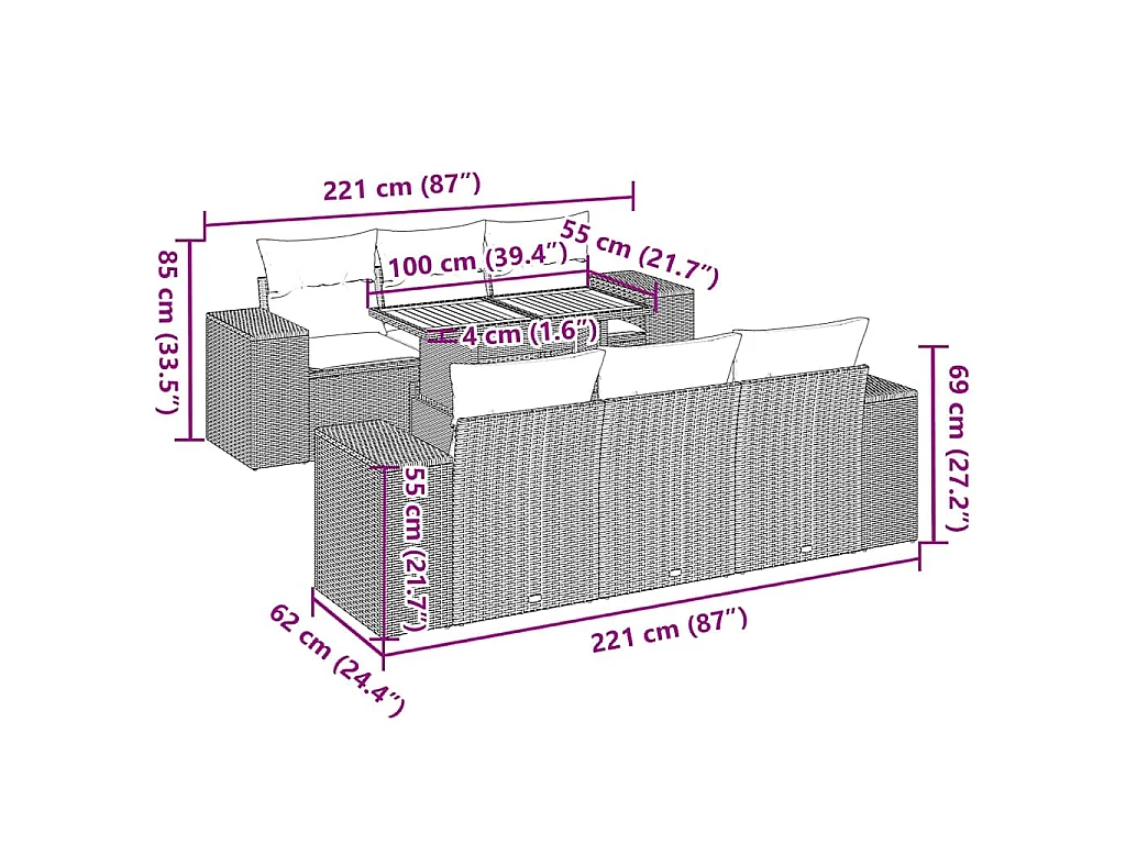 7-delige Loungeset met kussens poly rattan zwart
