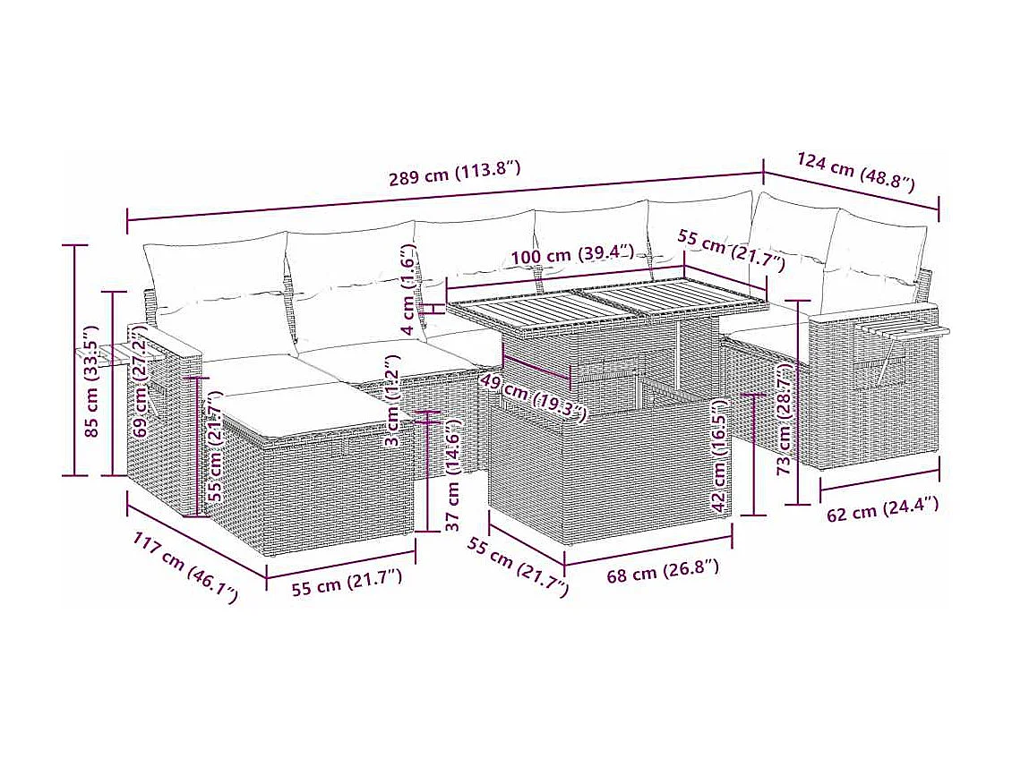 5-delige Loungeset met kussens poly rattan zwart