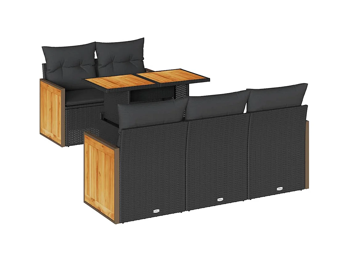 Salon de jardin 6 pcs avec coussins noir résine tressée acacia