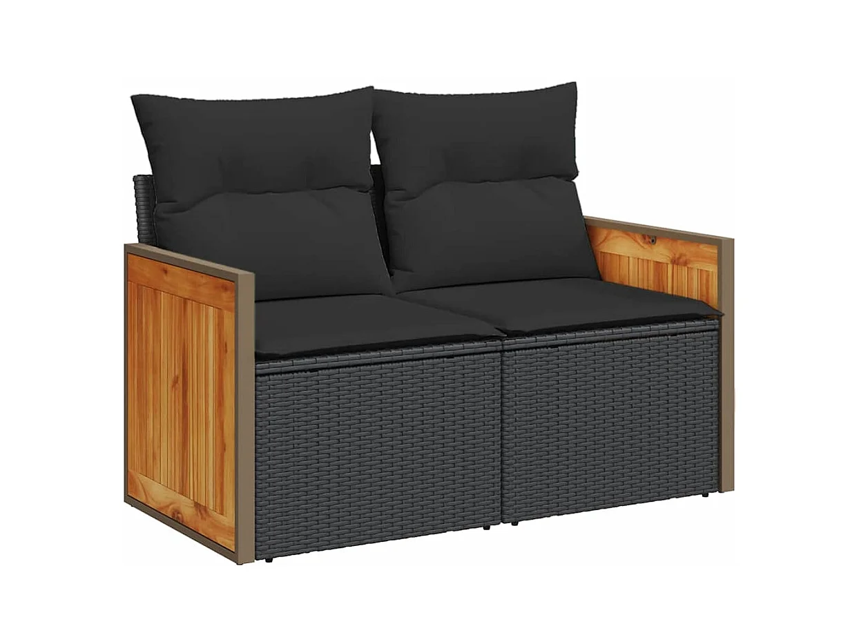Salon de jardin 6 pcs avec coussins noir résine tressée acacia