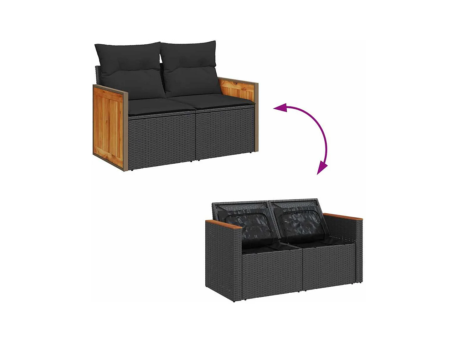 Salon de jardin 6 pcs avec coussins noir résine tressée acacia