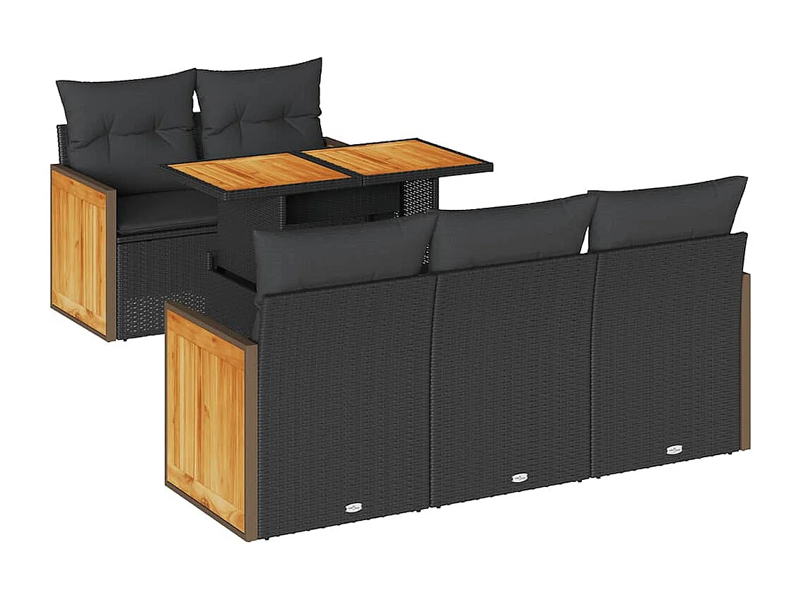 Set Divano da Giardino 6 pz con Cuscini Nero Polyrattan Acacia