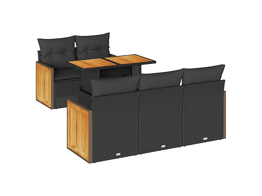 Set Divano da Giardino 6 pz con Cuscini Nero Polyrattan Acacia
