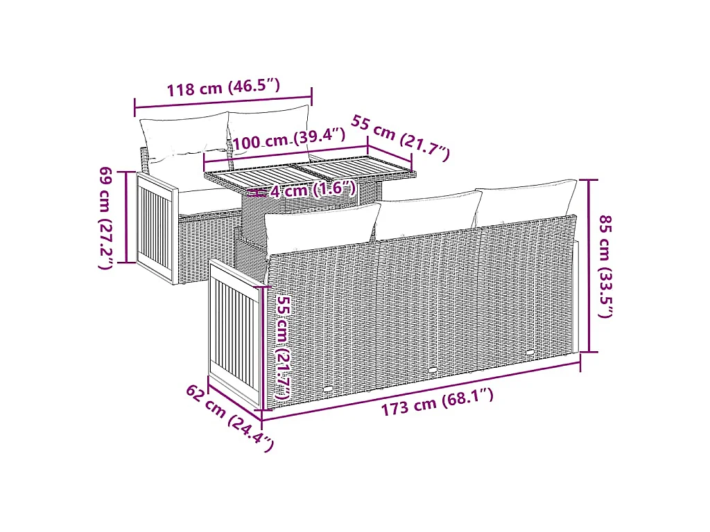 Set Divano da Giardino 6 pz con Cuscini Nero Polyrattan Acacia