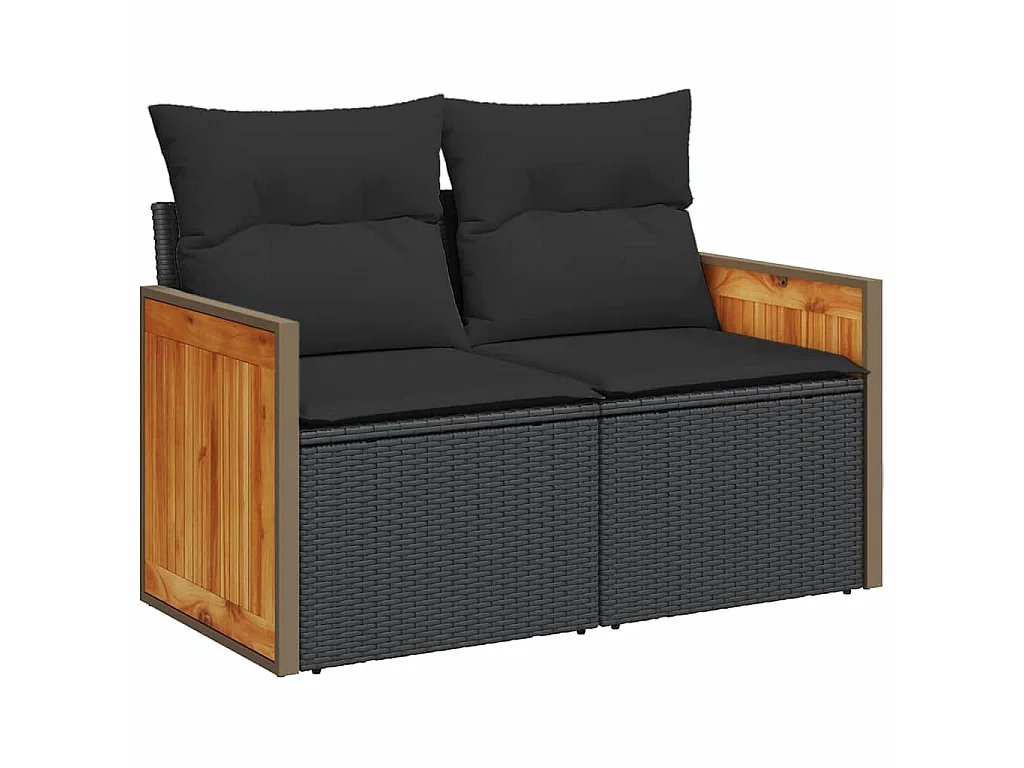 Set Divano da Giardino 6 pz con Cuscini Nero Polyrattan Acacia