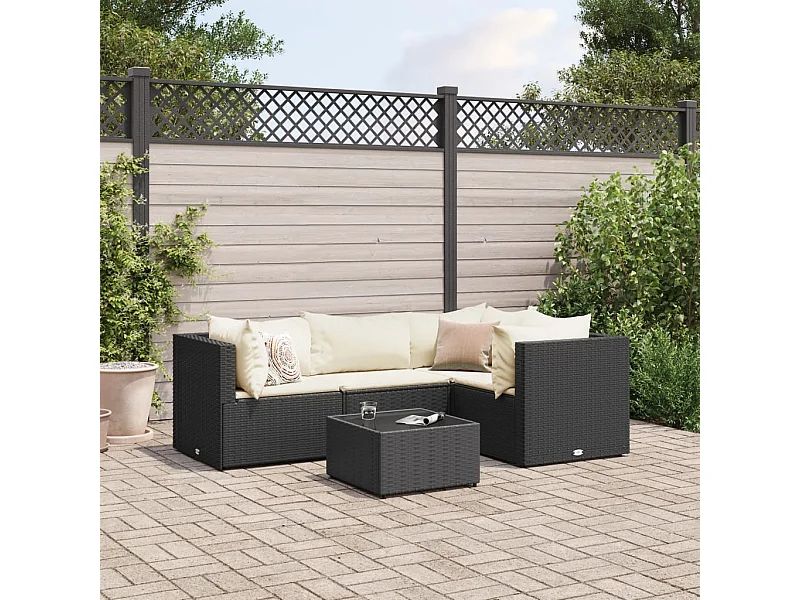 5-tlg. Garten-Lounge-Set mit Kissen Schwarz Poly Rattan
