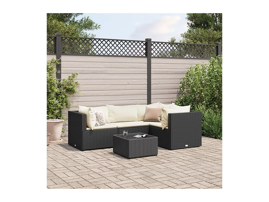 Salon de jardin 5 pcs avec coussins Noir Résine tressée