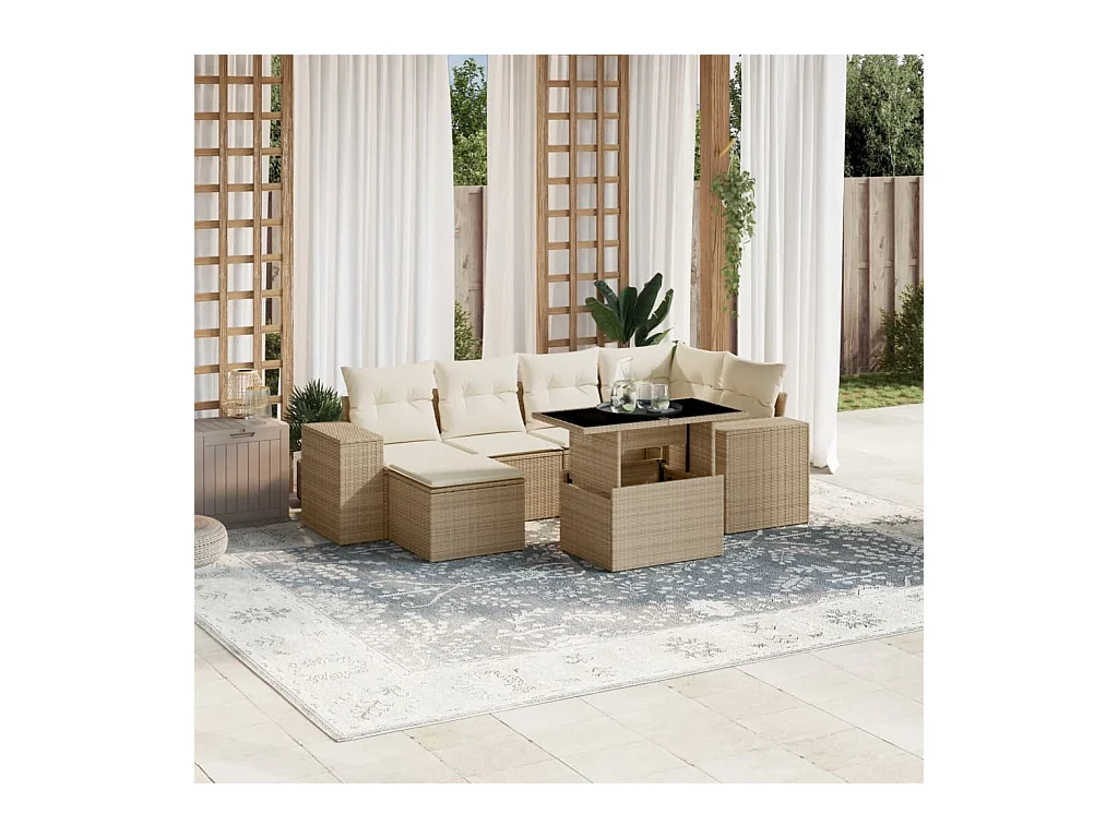 Set sofás de jardín 7 piezas y cojines ratán sintético beige