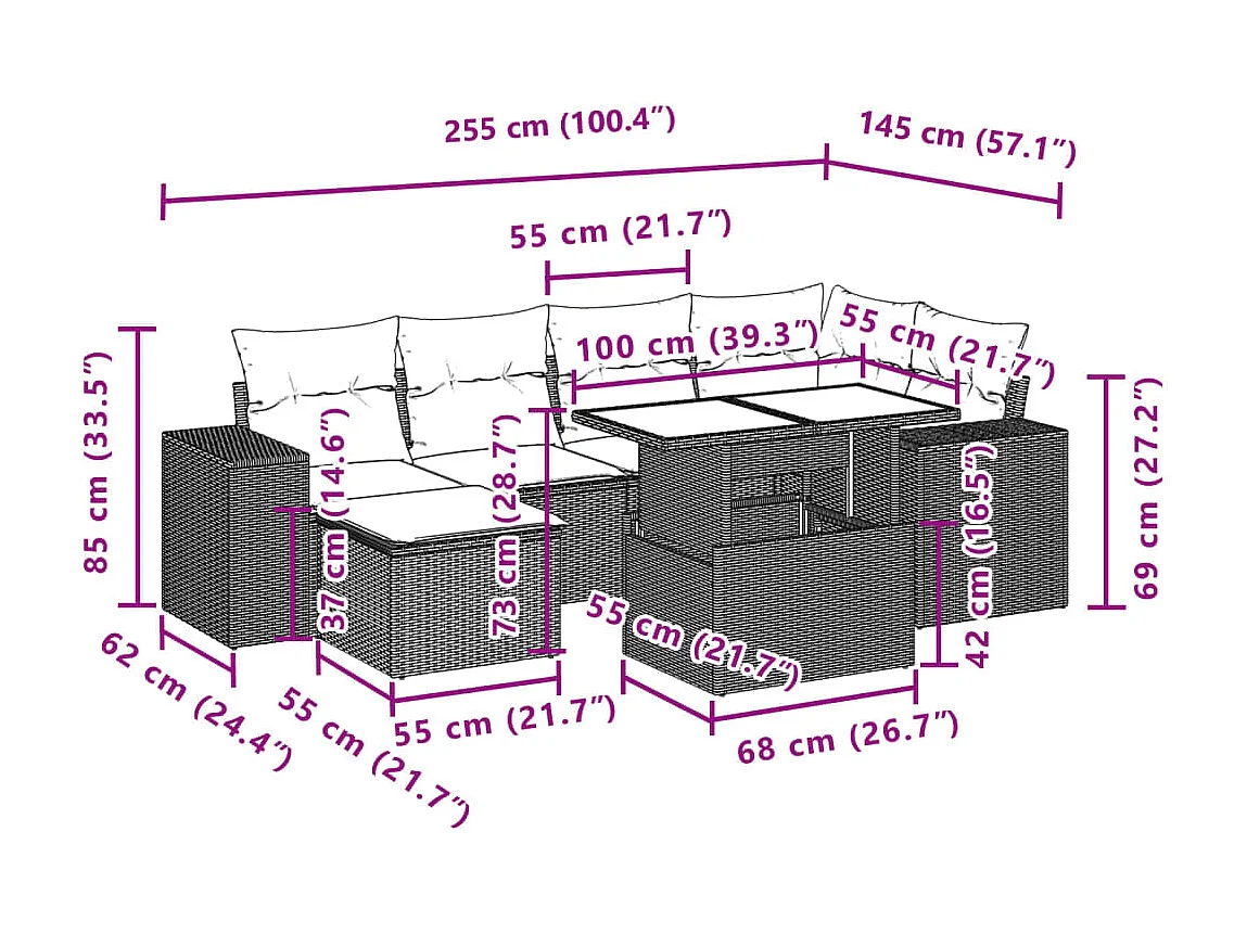 7-delige Loungeset met kussens poly rattan beige