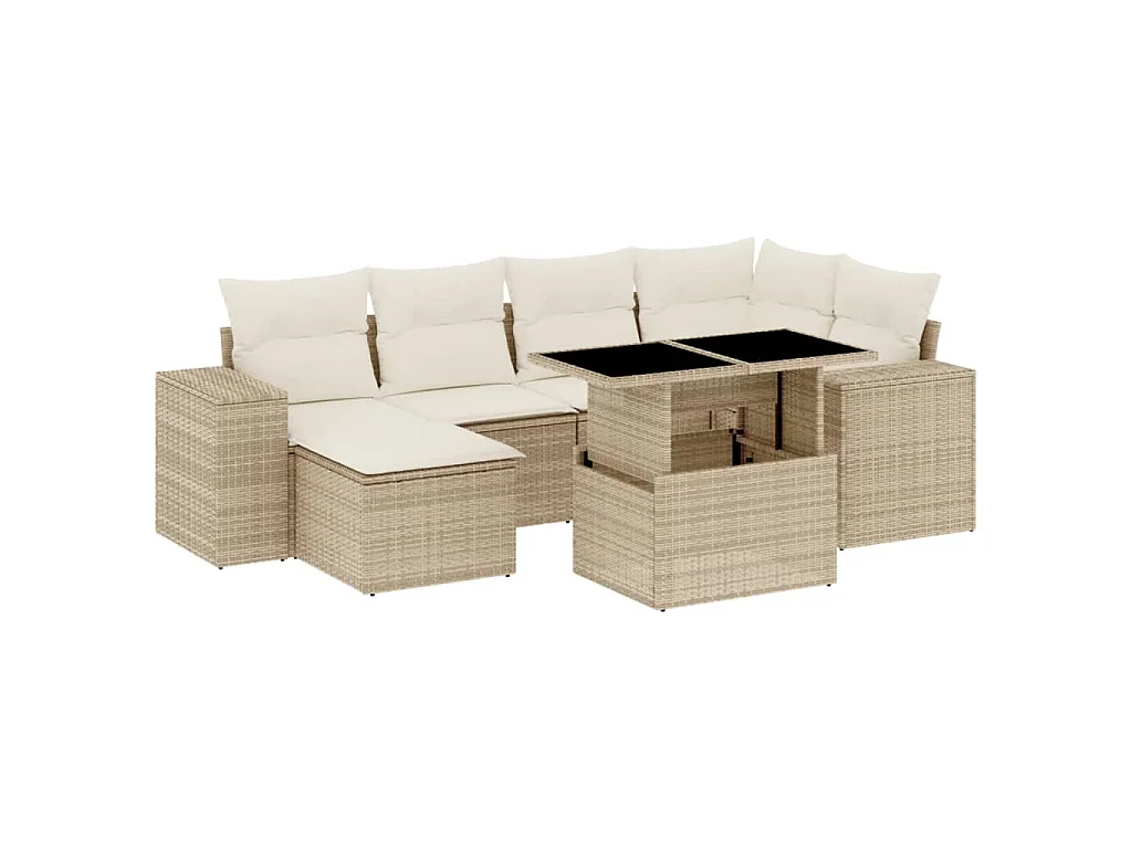 7-delige Loungeset met kussens poly rattan beige