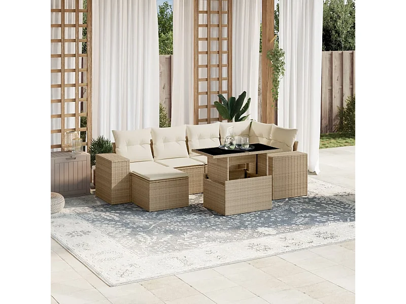 7-delige Loungeset met kussens poly rattan beige