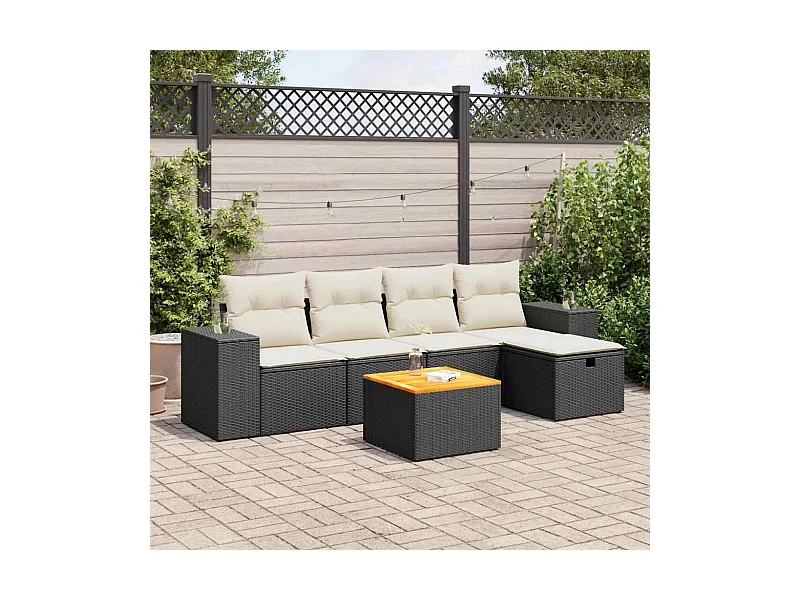 Salon de jardin 6 pcs avec coussins noir résine tressée