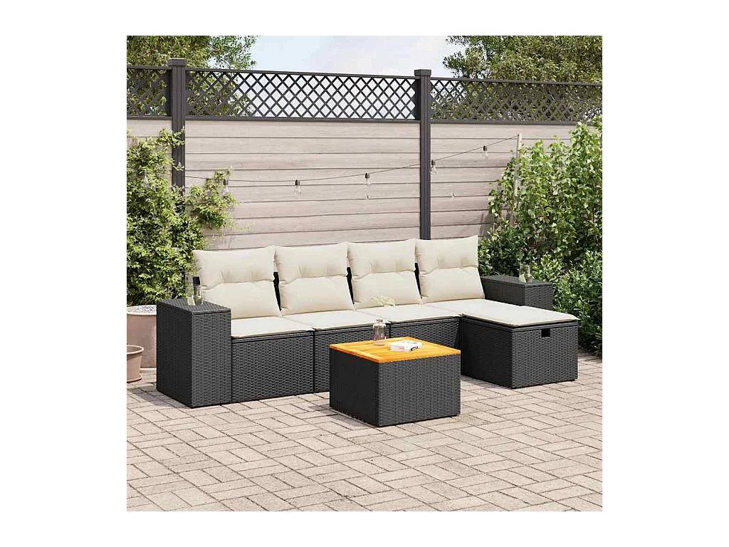6-tlg. Garten-Sofagarnitur mit Kissen Schwarz Poly Rattan