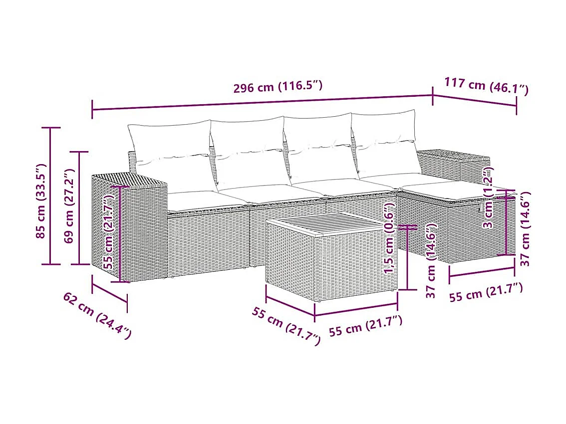 Salon de jardin 6 pcs avec coussins noir résine tressée