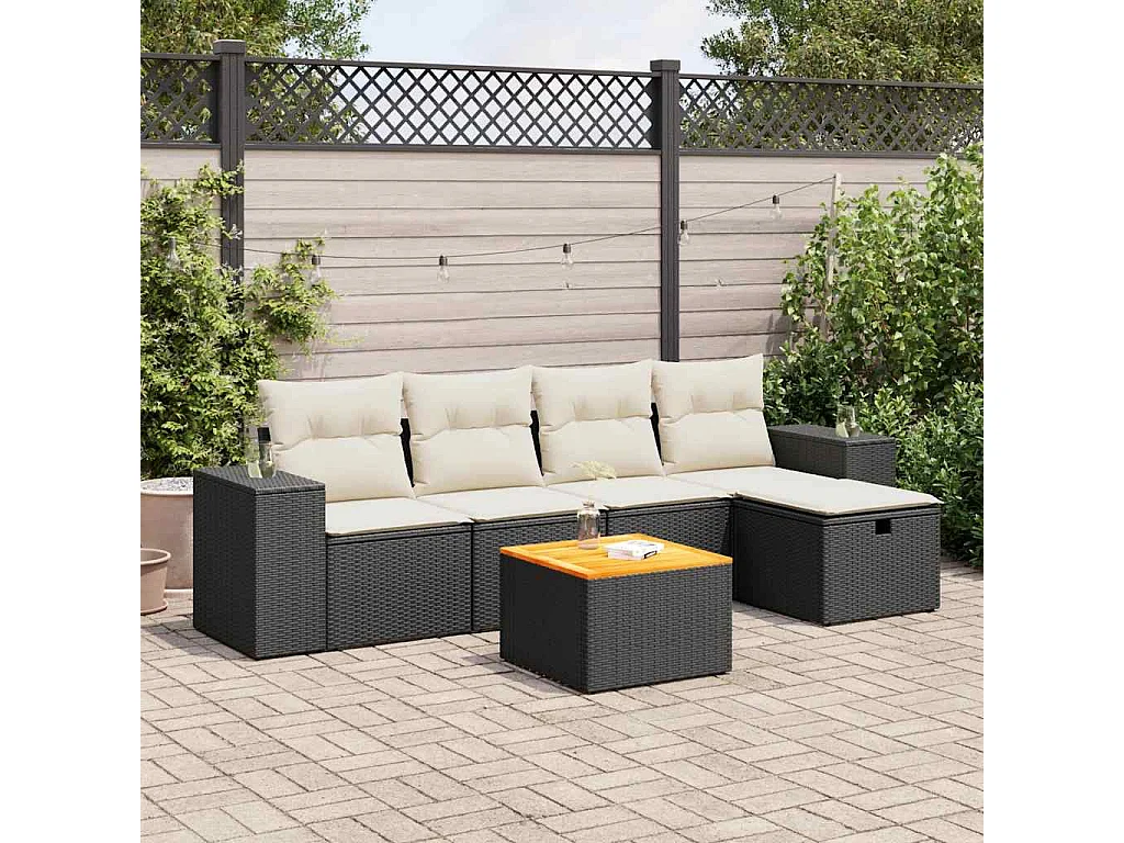 6-tlg. Garten-Sofagarnitur mit Kissen Schwarz Poly Rattan