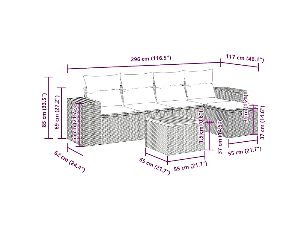 6-tlg. Garten-Sofagarnitur mit Kissen Schwarz Poly Rattan