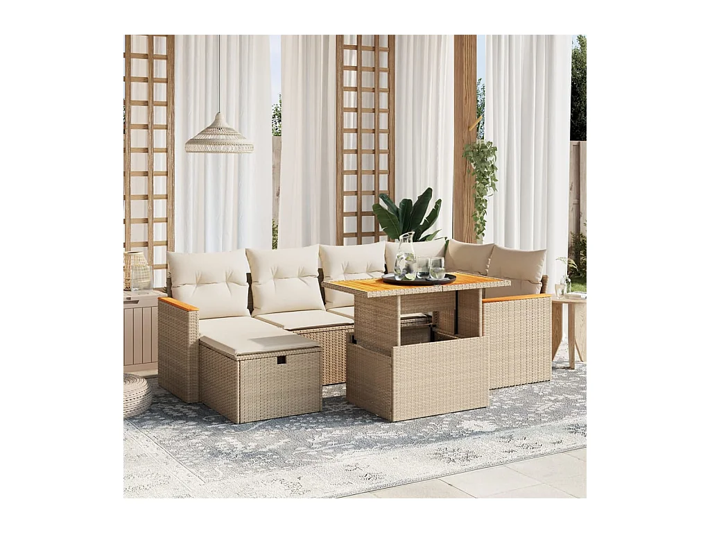 Salon de jardin avec coussins 7 pcs beige résine tressée