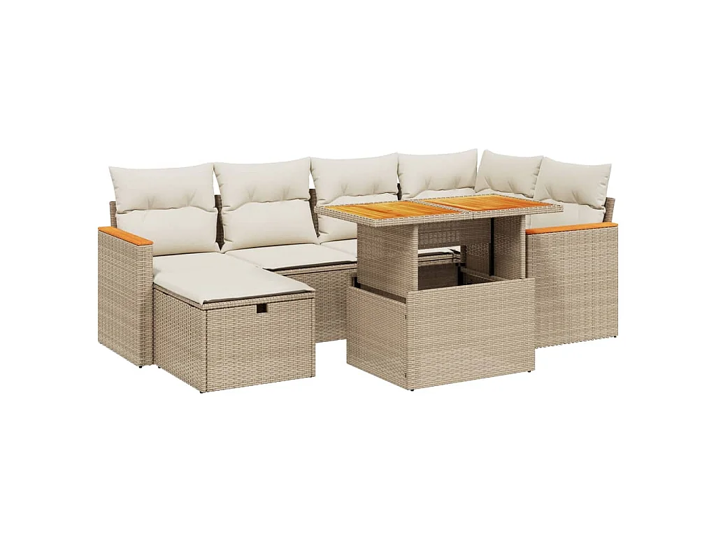 7-delige Loungeset met kussens poly rattan beige