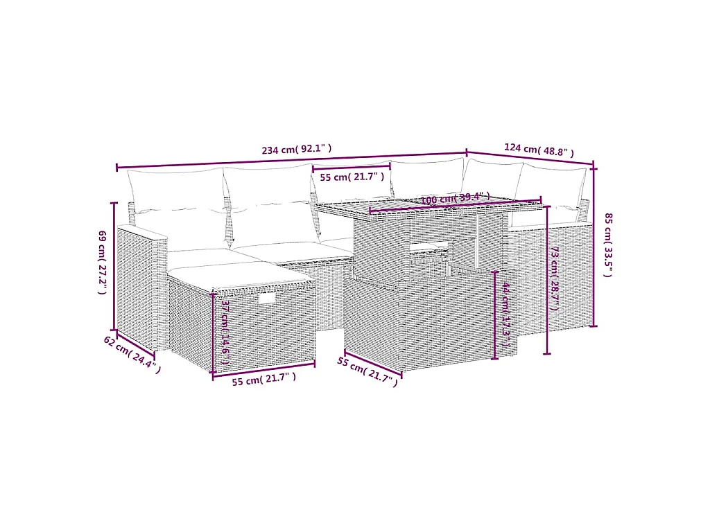 7-delige Loungeset met kussens poly rattan beige