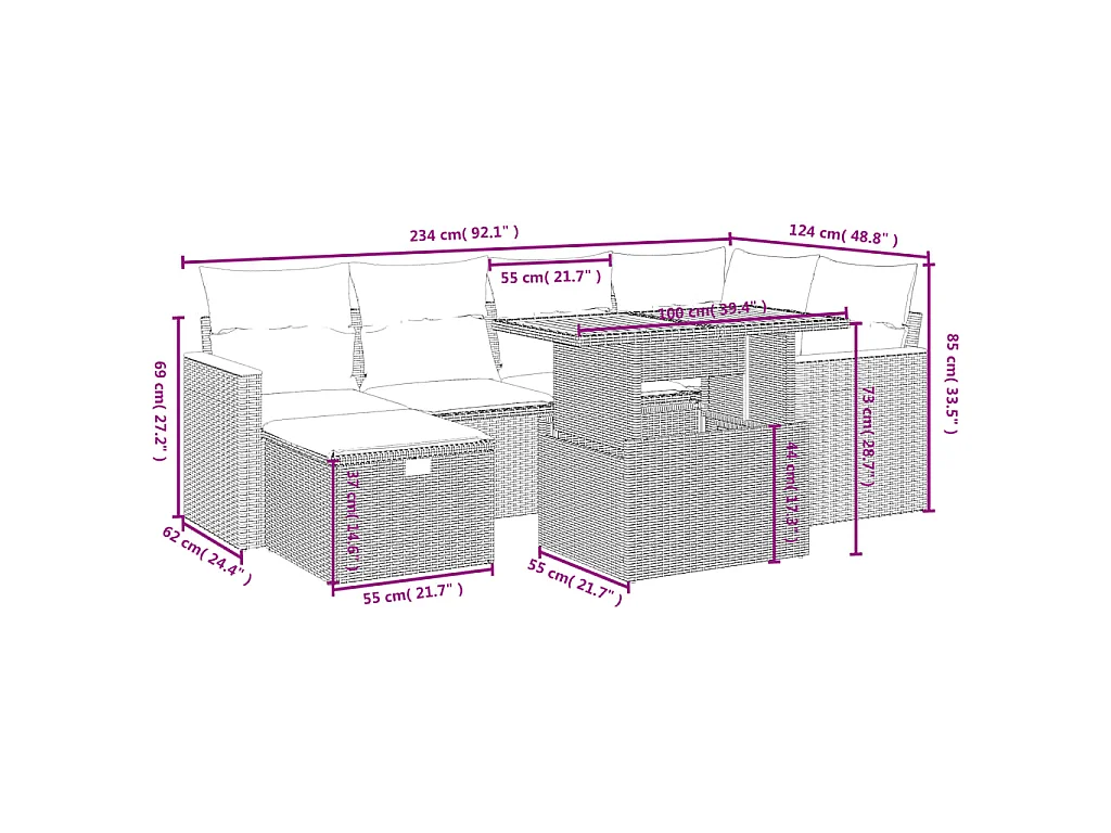 7-delige Loungeset met kussens poly rattan beige