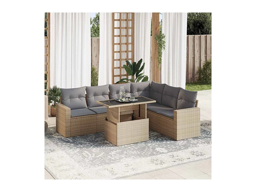 7-delige Loungeset met kussens poly rattan beige