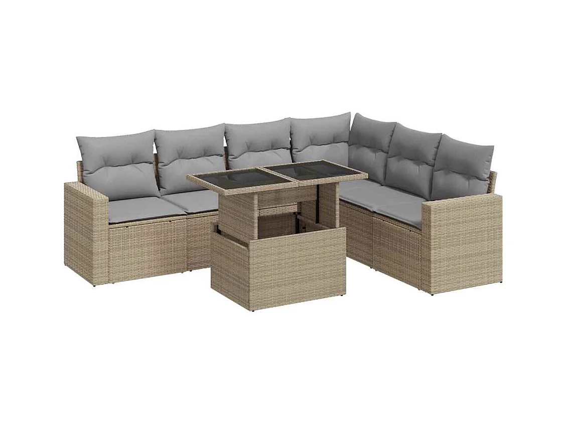 7-delige Loungeset met kussens poly rattan beige