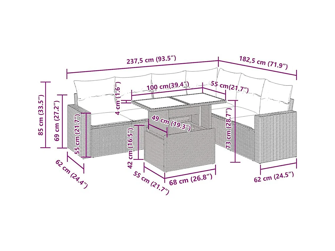 7-delige Loungeset met kussens poly rattan beige