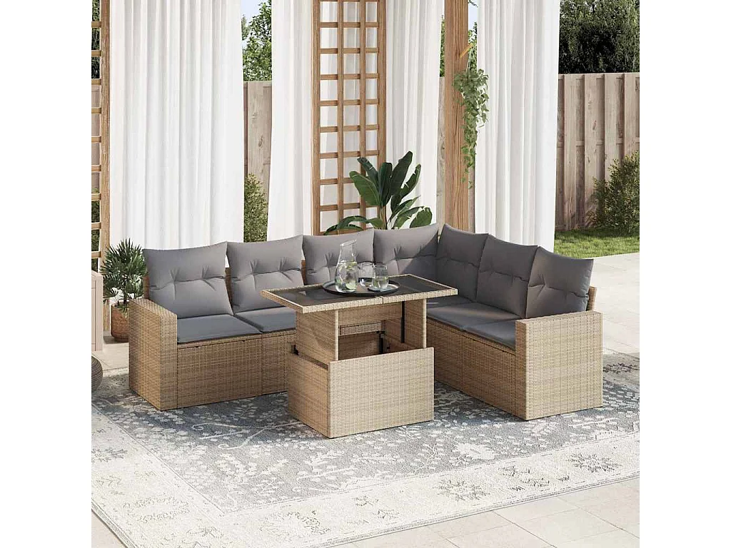 Set Divani da Giardino 7 pz con Cuscini Beige in Polyrattan