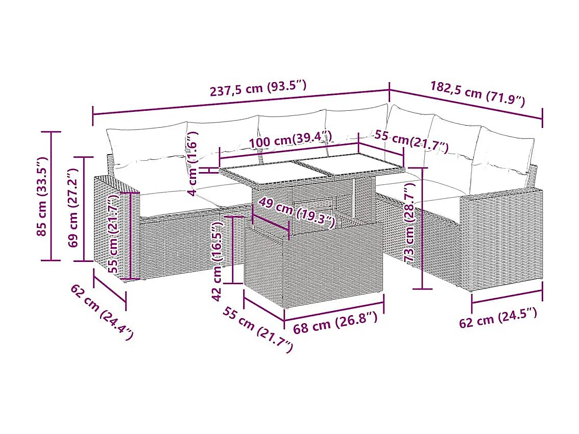 Set Divani da Giardino 7 pz con Cuscini Beige in Polyrattan