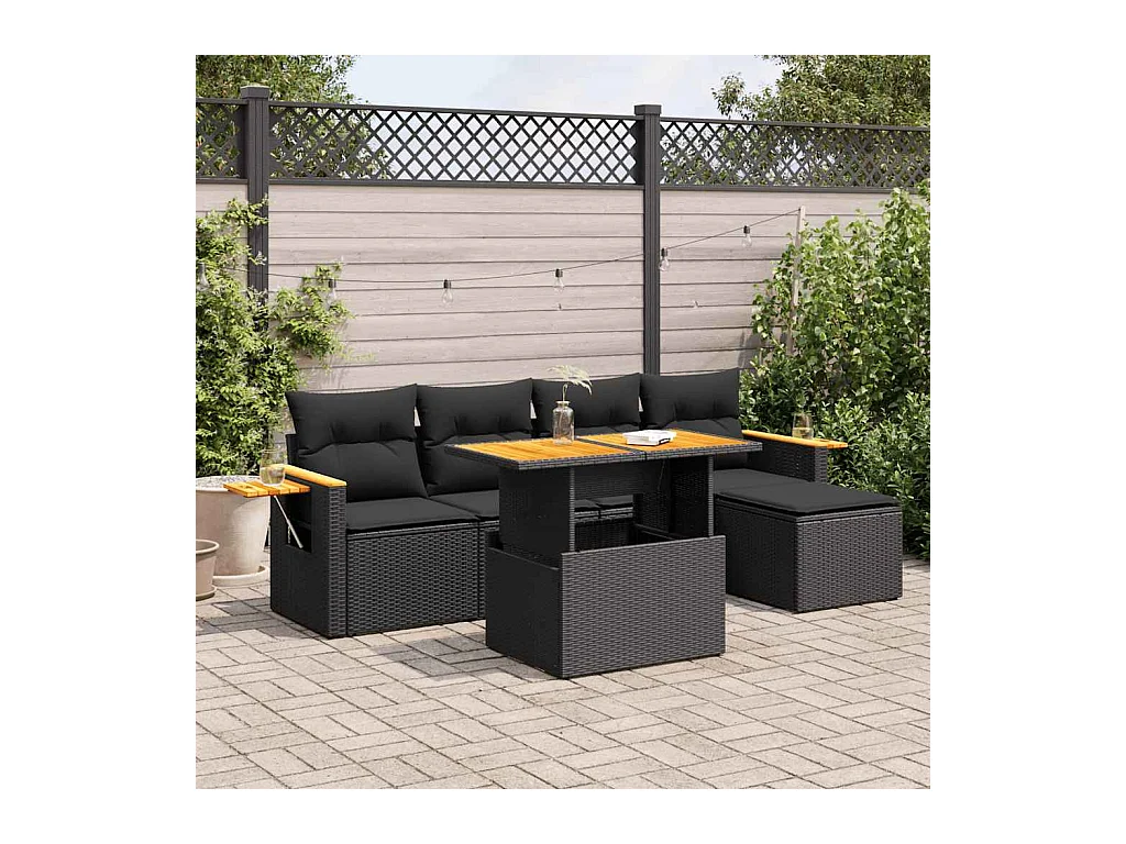 6 pcs conjunto sofás jardim c/ almofadões vime PE/acácia preto