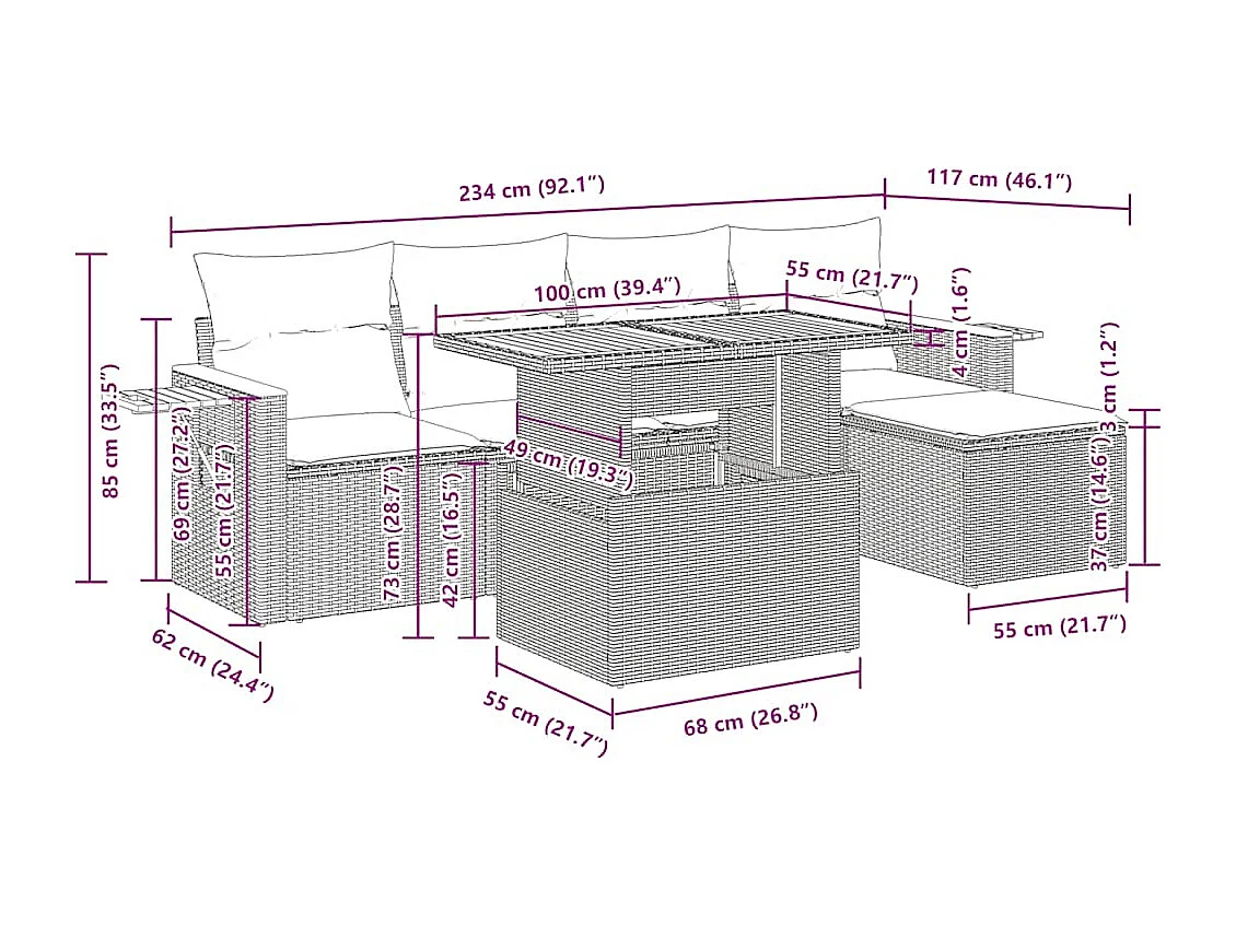 6-tlg. Garten-Sofagarnitur mit Kissen Schwarz Poly Rattan