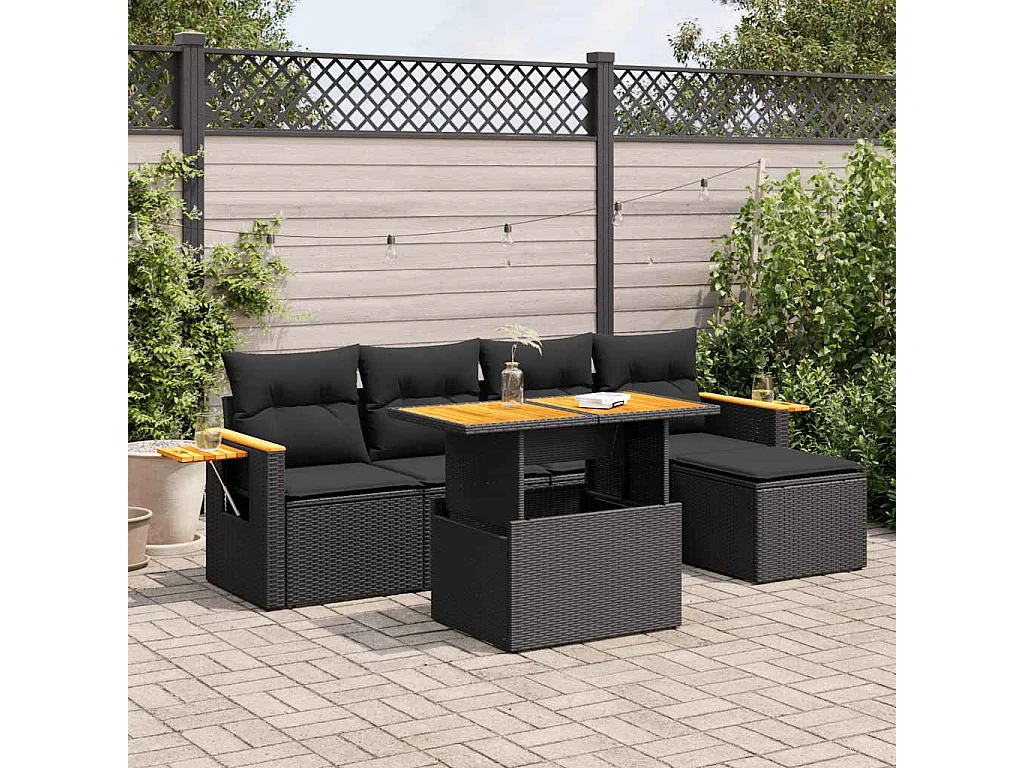 6-delige Loungeset met kussens poly rattan acacia zwart