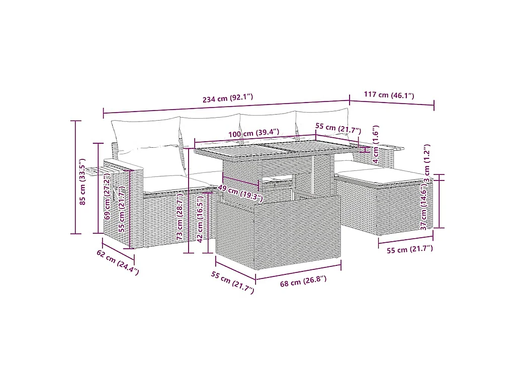 6-delige Loungeset met kussens poly rattan acacia zwart