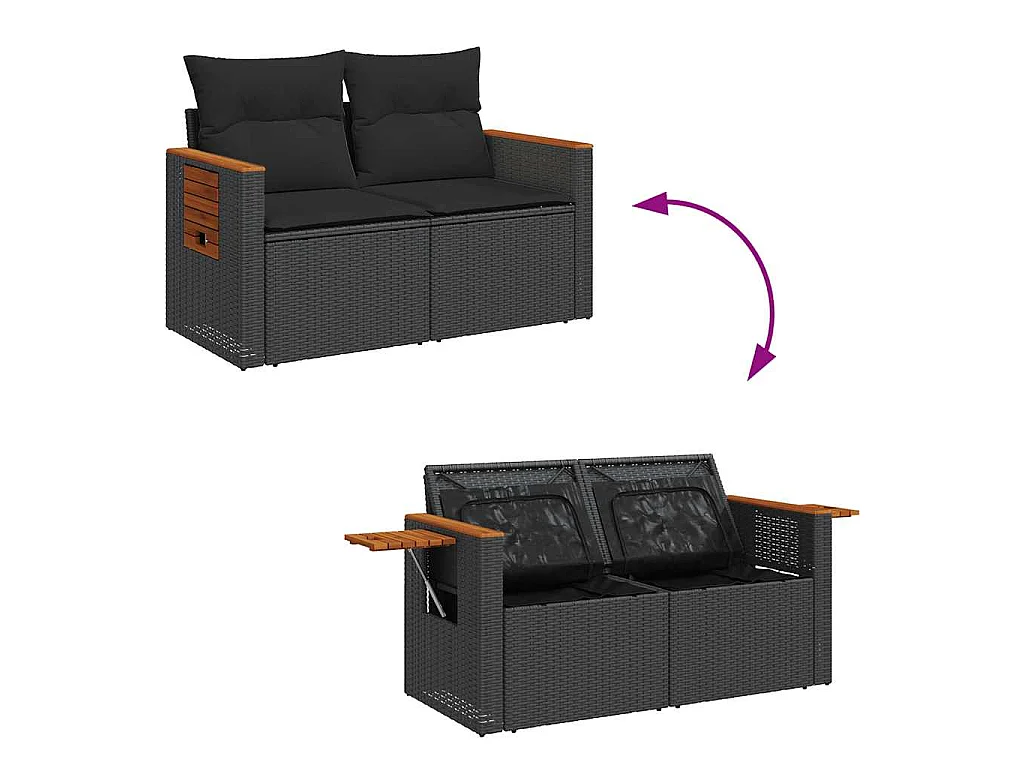 6-delige Loungeset met kussens poly rattan acacia zwart