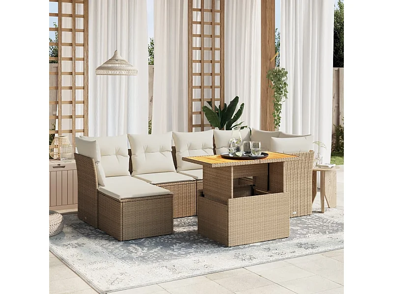 Salon de jardin avec coussins 7 pcs beige résine tressée